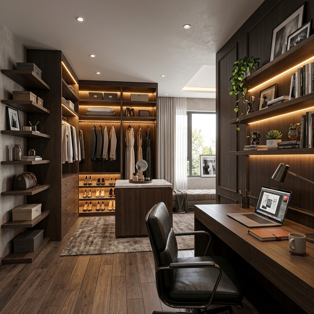 Elegant Walk-in Closet and Cozy Study Desk